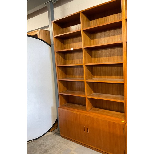 378 - ONE LARGE   VINTAGE TEAK BOOK CASE AND SMALL BOOK CASE H 88’ W 52’ D 12’, H 31’ W 52’ D 8’