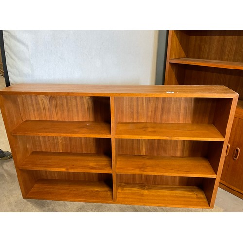 378 - ONE LARGE   VINTAGE TEAK BOOK CASE AND SMALL BOOK CASE H 88’ W 52’ D 12’, H 31’ W 52’ D 8’