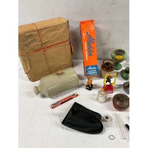 187 - BOX OF VINTAGE ODDS TO INCLUDE A QUANTITY OF OIL LAMP CHIMNEYS