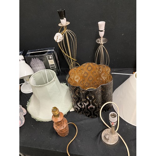 195 - TWO BOXES OF TABLE LAMPS, SHADES AND CEILING LIGHTS