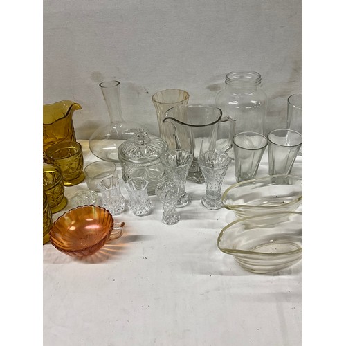 231 - THREE BOXES OF GLASSWARE TO INCLUDE AN AMBER GLASS LEMONADE SET