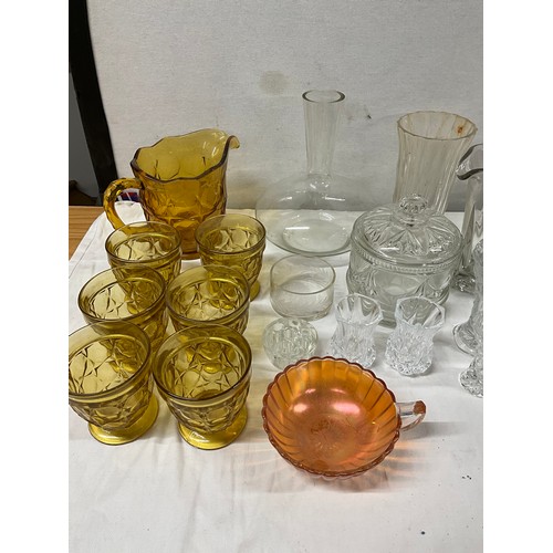 231 - THREE BOXES OF GLASSWARE TO INCLUDE AN AMBER GLASS LEMONADE SET