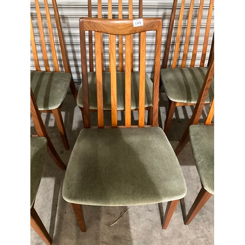 388 - SET OF SIX TEAK G PLAN DINING CHIARS WITH GREEN UPHOLSTERED SEATS H36