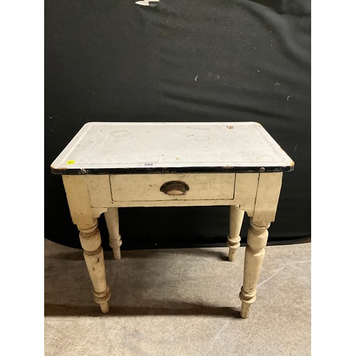 392 - ANTIQUE PAINTED PINE SIDE TABLE WITH METAL TOP W30