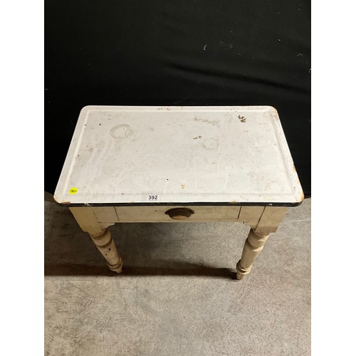 392 - ANTIQUE PAINTED PINE SIDE TABLE WITH METAL TOP W30
