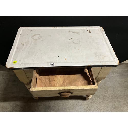 392 - ANTIQUE PAINTED PINE SIDE TABLE WITH METAL TOP W30