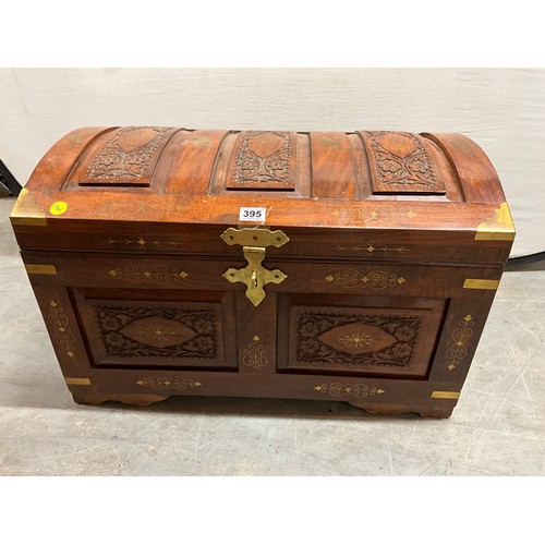 395 - MODERN BRASS INLAID TEAK DOME CHEST WITH BRASS HANDLES W29
