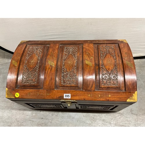 395 - MODERN BRASS INLAID TEAK DOME CHEST WITH BRASS HANDLES W29