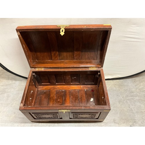 395 - MODERN BRASS INLAID TEAK DOME CHEST WITH BRASS HANDLES W29