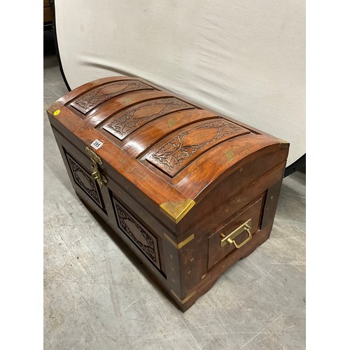 395 - MODERN BRASS INLAID TEAK DOME CHEST WITH BRASS HANDLES W29