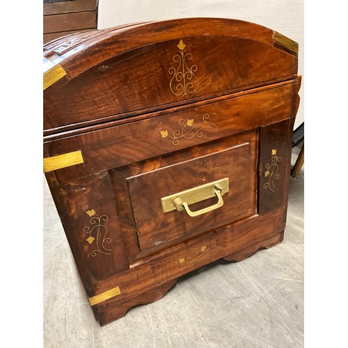 395 - MODERN BRASS INLAID TEAK DOME CHEST WITH BRASS HANDLES W29