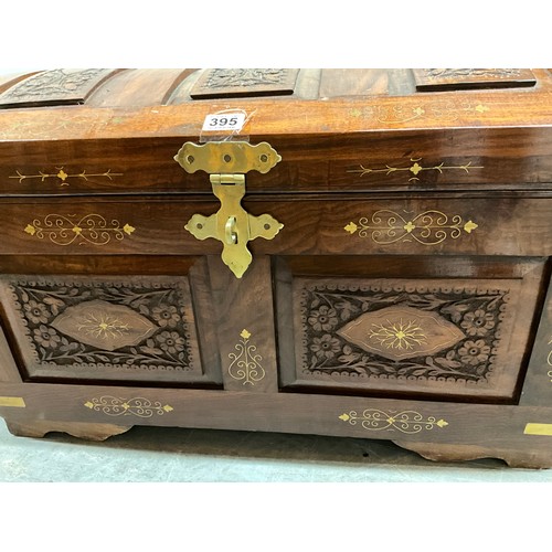 395 - MODERN BRASS INLAID TEAK DOME CHEST WITH BRASS HANDLES W29