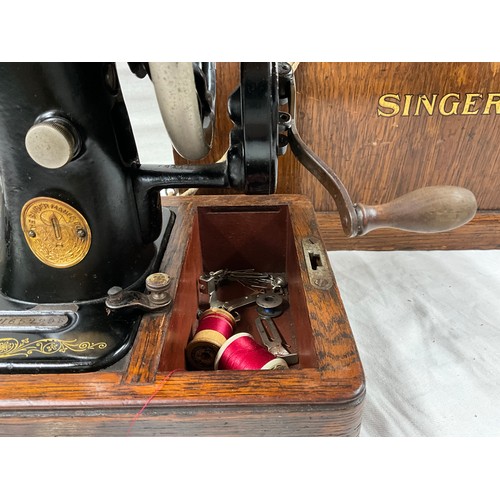 397 - ANTIQUE SINGER SEWING MACHINE IN ORIGNAL OAK CASE