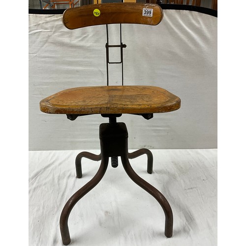 399 - HEIGHT ADJUSTABLE INDUSTRIAL METAL CHAIR WITH WOODEN SEAT AND BACK W15