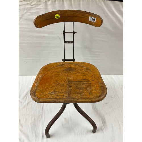 399 - HEIGHT ADJUSTABLE INDUSTRIAL METAL CHAIR WITH WOODEN SEAT AND BACK W15