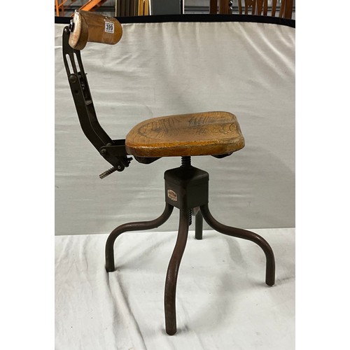 399 - HEIGHT ADJUSTABLE INDUSTRIAL METAL CHAIR WITH WOODEN SEAT AND BACK W15