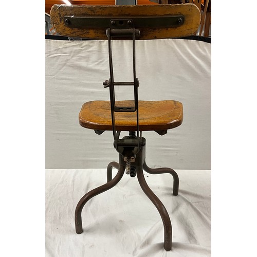 399 - HEIGHT ADJUSTABLE INDUSTRIAL METAL CHAIR WITH WOODEN SEAT AND BACK W15