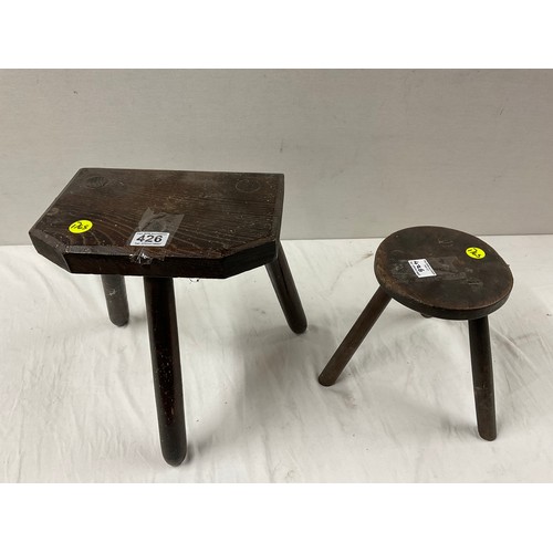 426 - TWO ANTIQUE MILKING STOOLS CIRCULAR ONE DATED 1937 SMALL H9.5