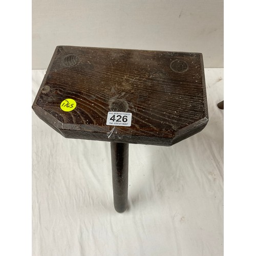 426 - TWO ANTIQUE MILKING STOOLS CIRCULAR ONE DATED 1937 SMALL H9.5
