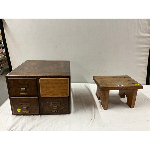 420 - ANTIQUE OAK FOUR DRAWER BANK OF DRAWERS AND A SMALL VINTAGE PINE STOOL