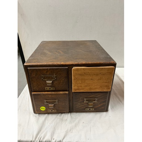 420 - ANTIQUE OAK FOUR DRAWER BANK OF DRAWERS AND A SMALL VINTAGE PINE STOOL