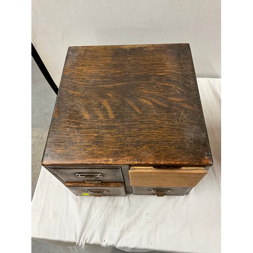 420 - ANTIQUE OAK FOUR DRAWER BANK OF DRAWERS AND A SMALL VINTAGE PINE STOOL
