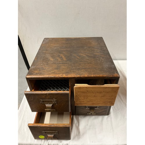 420 - ANTIQUE OAK FOUR DRAWER BANK OF DRAWERS AND A SMALL VINTAGE PINE STOOL
