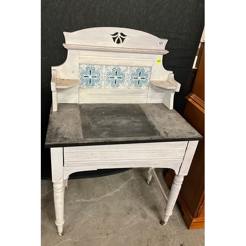 421 - PAINTED EDWARDIAN MARBLE TOP TILE BACK WASH STAND W30