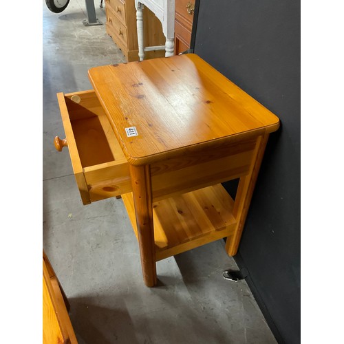 411 - PAIR OF MODERN PINE EFFECT BED SIDE TABLES WITH DRAWER AND SHELF TO BASE