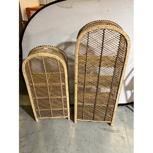 TWO SETS OF WICKER BOOK CASES, ROUND GLASS TOP COFFEE TABLE AND THREE