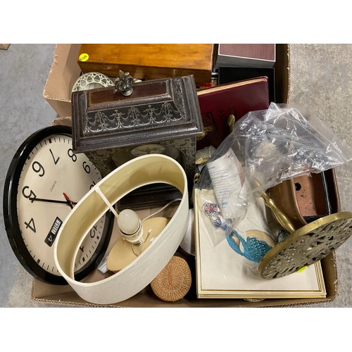 50 - TWO BOXES OF ODDS TO INCLUDE A BRASS TRIVET AND A REPRODUCTION MANTLE CLOCK ETC