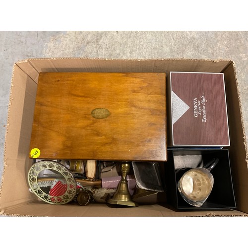 50 - TWO BOXES OF ODDS TO INCLUDE A BRASS TRIVET AND A REPRODUCTION MANTLE CLOCK ETC