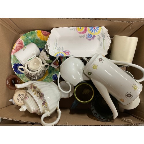 52 - THREE BOXES OF CERAMICS TO INCLUDE AN ART POTTERY JUG AND VARIOUS DINNERWARE AND ORNAMENTS ETC