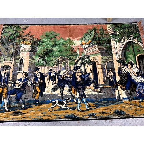 58 - VINTAGE TAPESTRY RUG DEPICTING A COACHING SCENE 70” X 45”