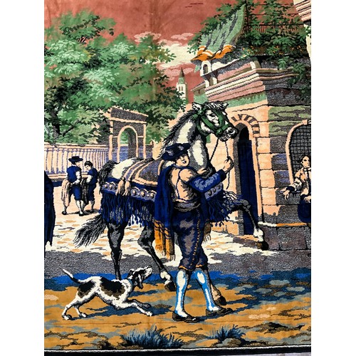 58 - VINTAGE TAPESTRY RUG DEPICTING A COACHING SCENE 70” X 45”