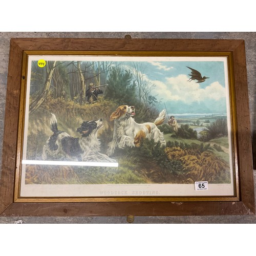 65 - FOUR FRAMED ANTIQUE SHOOTING PRINTS TITLED WILD DUCK SHOOTING , PARTRIDGE SHOOTING ETC ONE A/F 20 “X... 