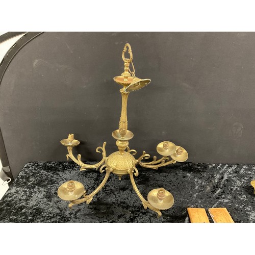 42 - VINTAGE GILT METAL THREE BRANCH CEILING LIGHT WITH MATCHING WALL LIGHTS