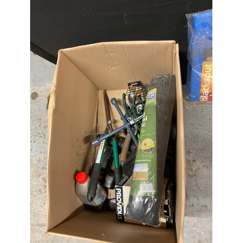 41 - BOX OF ASSORTED TOOLS, TARPAULIN AND VINTAGE CASSETTE PLAYER