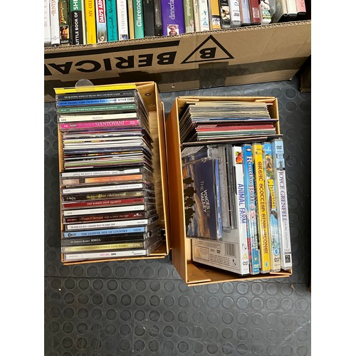 13 - THREE BOXES OF DVDS, CDS, BOOKS, MAGAZINES ETC