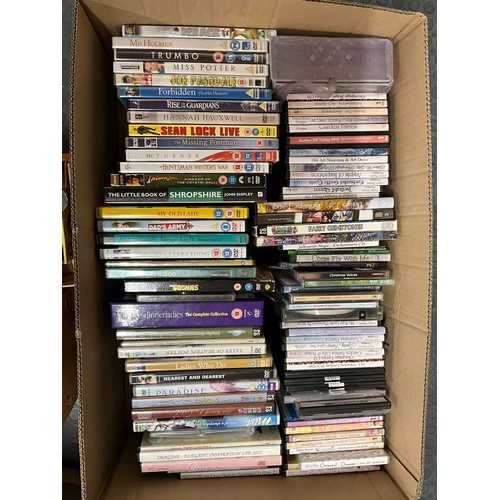 13 - THREE BOXES OF DVDS, CDS, BOOKS, MAGAZINES ETC