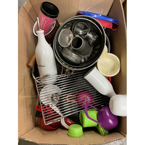 21 - THREE BOXES OF KITCHEN ITEMS TO INCLUDE FLASKS, SLOW COOKER & MIXER(WITHDRAWN) ETC