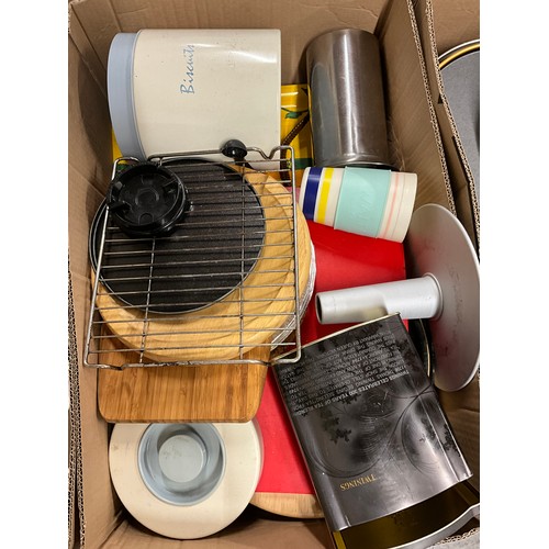 21 - THREE BOXES OF KITCHEN ITEMS TO INCLUDE FLASKS, SLOW COOKER & MIXER(WITHDRAWN) ETC