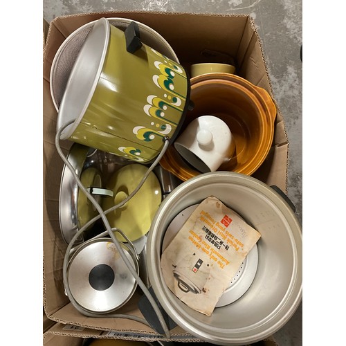 21 - THREE BOXES OF KITCHEN ITEMS TO INCLUDE FLASKS, SLOW COOKER & MIXER(WITHDRAWN) ETC