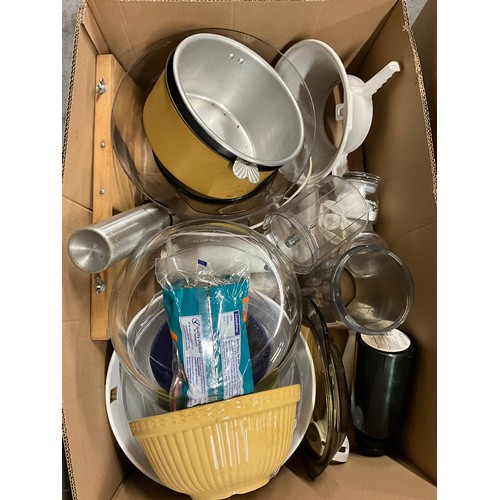 21 - THREE BOXES OF KITCHEN ITEMS TO INCLUDE FLASKS, SLOW COOKER & MIXER(WITHDRAWN) ETC