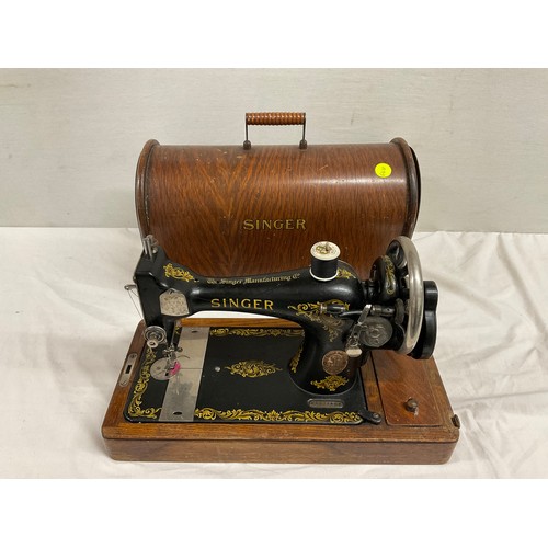 63 - ANTIQUE WOODEN CASED SINGER SEWING MACHINE LOCKED NO KEY