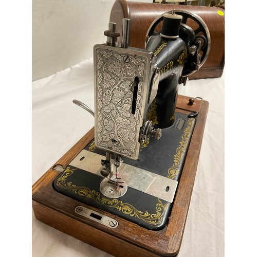 63 - ANTIQUE WOODEN CASED SINGER SEWING MACHINE LOCKED NO KEY