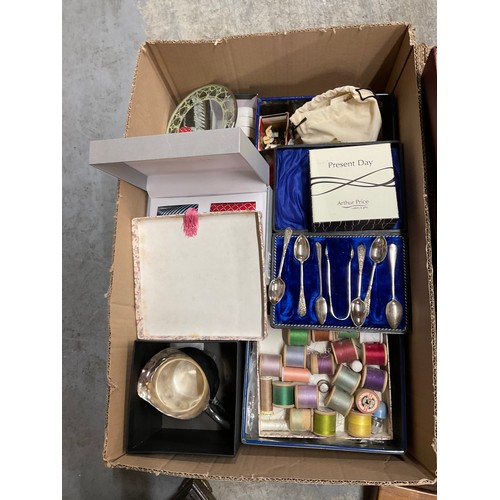 50 - TWO BOXES OF ODDS TO INCLUDE A BRASS TRIVET AND A REPRODUCTION MANTLE CLOCK ETC