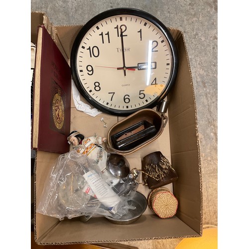 50 - TWO BOXES OF ODDS TO INCLUDE A BRASS TRIVET AND A REPRODUCTION MANTLE CLOCK ETC