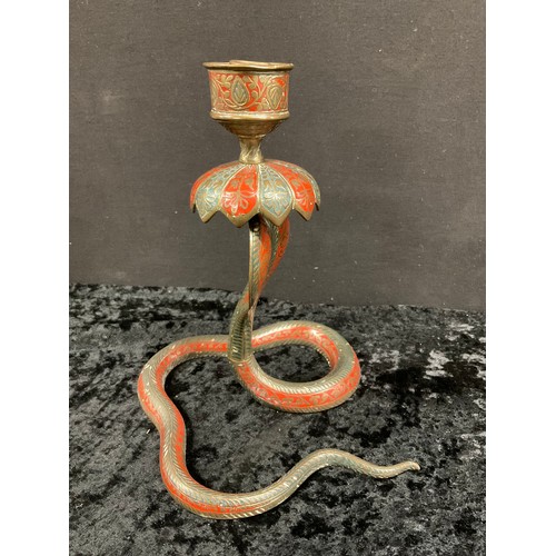 74 - VINTAGE INDIAN PAINTED BRASS COBRA CANDLESTICK ALONG WITH A SIMILAR PAIR OF BIRD CANDLESTICKS