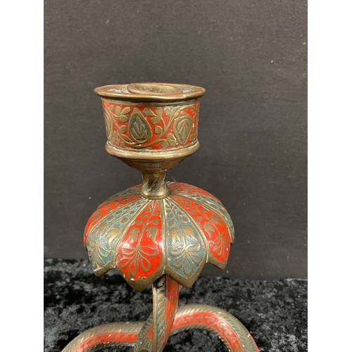 74 - VINTAGE INDIAN PAINTED BRASS COBRA CANDLESTICK ALONG WITH A SIMILAR PAIR OF BIRD CANDLESTICKS